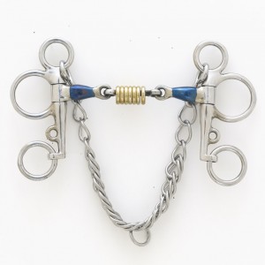 Centaur¨ Blue Steel Tom Thumb Pelham with Double Jointed Mouth and Loose Brass Roller Disks